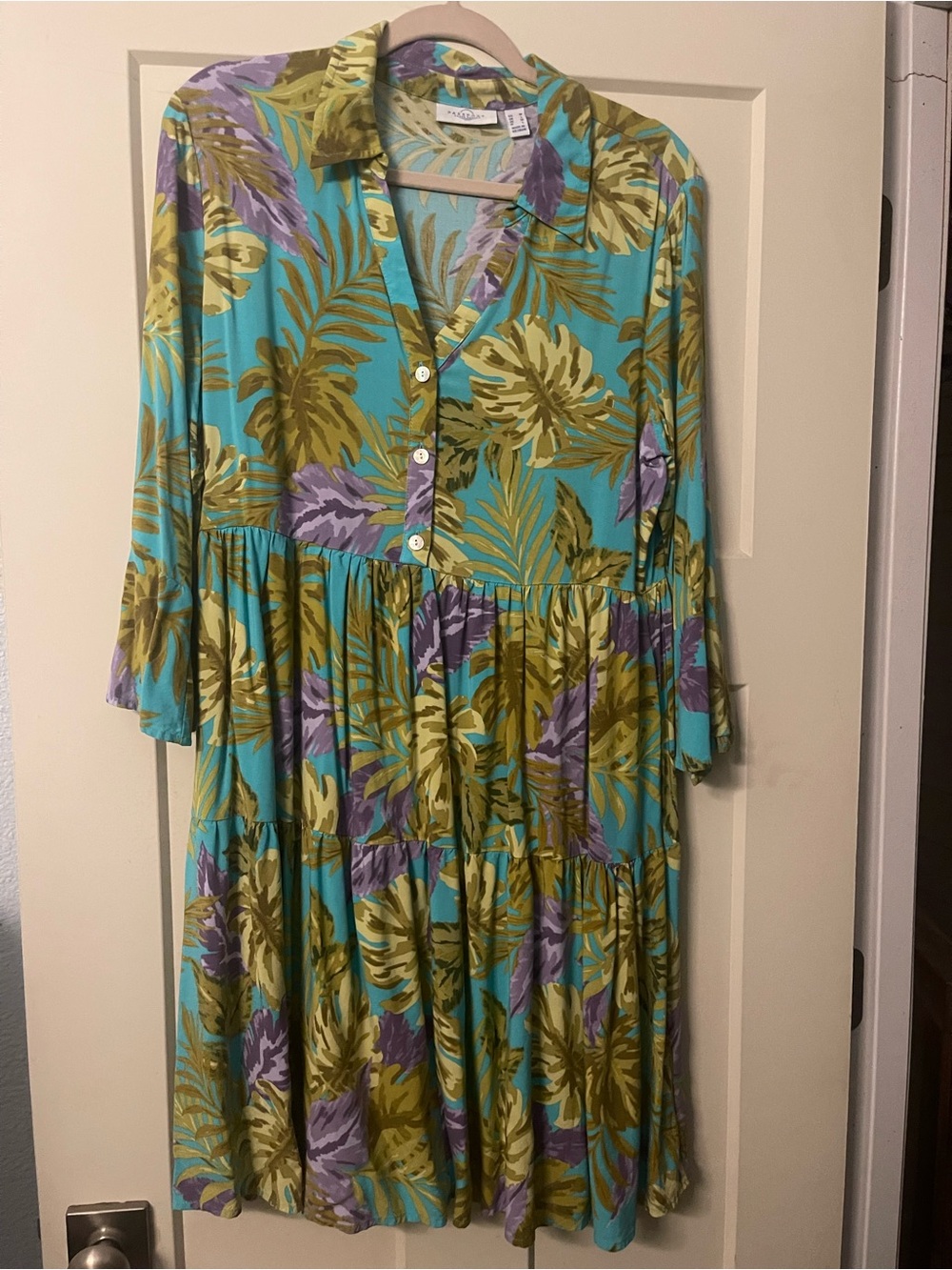 Susan Graver PassporTropical Print Button-Front Tiered Dress - Turquoise & Olive